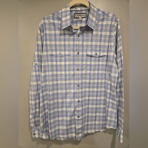 Express Men's Blue and White Plaid Button-Up Shirt